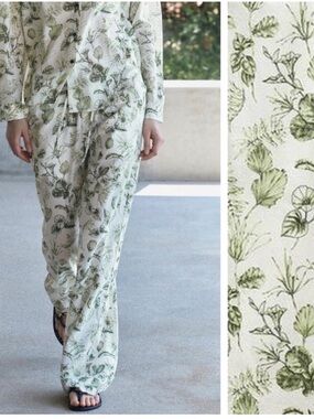 Zara Cream Wide-Leg Pants with Green Botanical Print